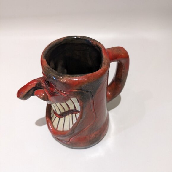 Vintage 1970s Deep Pink Art Pottery Mug/Pitcher – Laughing Face Whimsical 6" - Picture 7 of 8